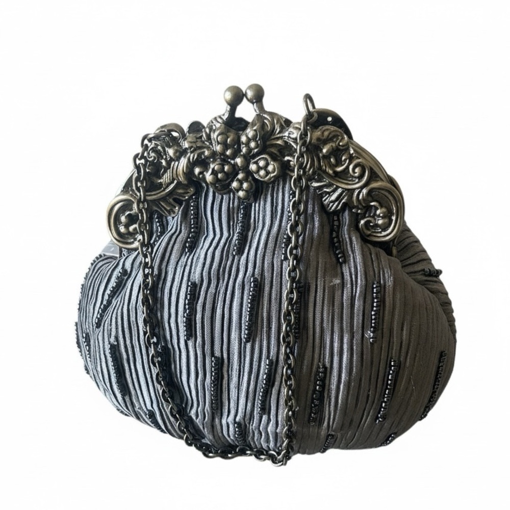 Vintage Elegant Beaded Handkerchief Grey Embellished Silver Silk Evening Bag